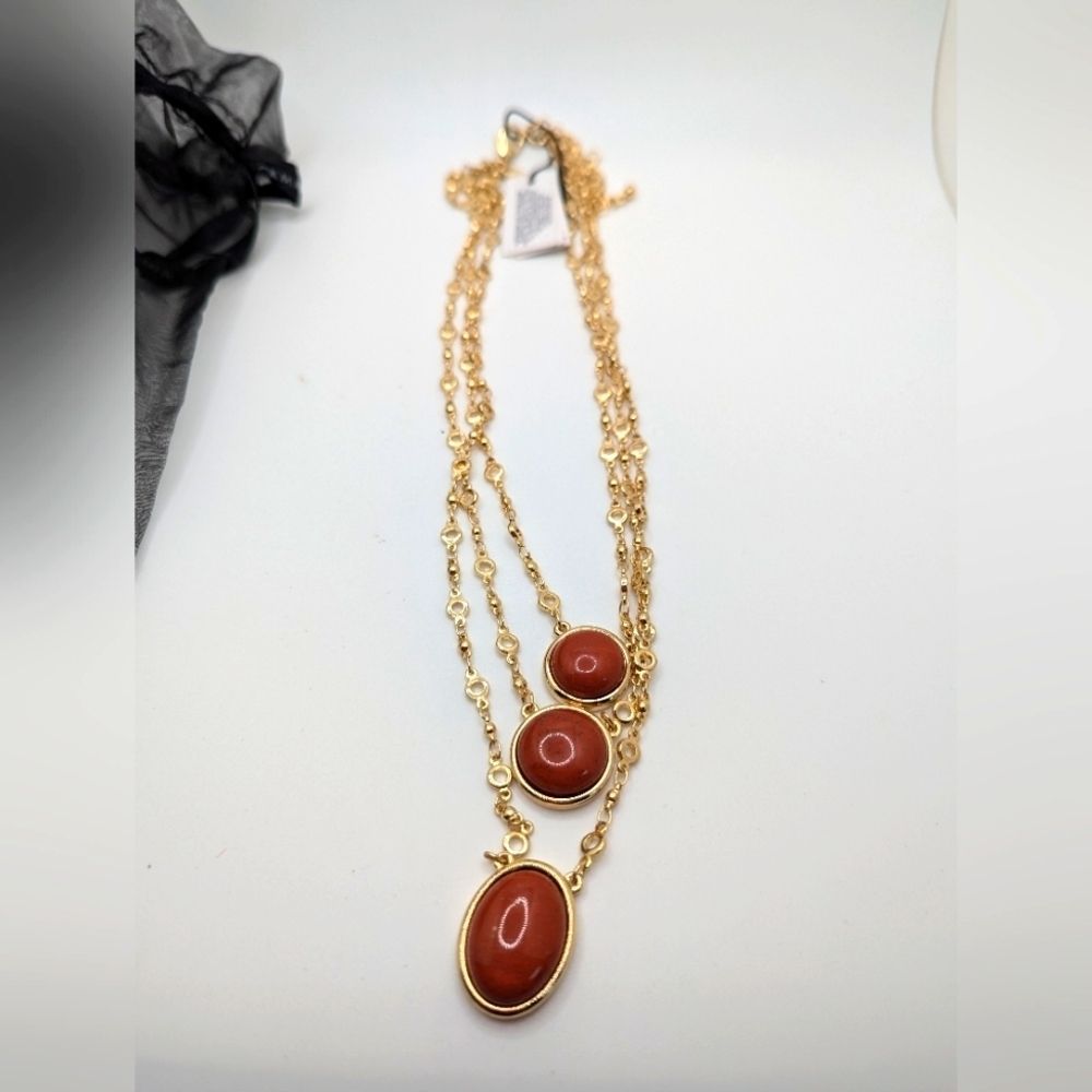 WHBM Gemstone Beaded Necklace Designer Gold Tone Carnelian Beads 3-Strand 22"